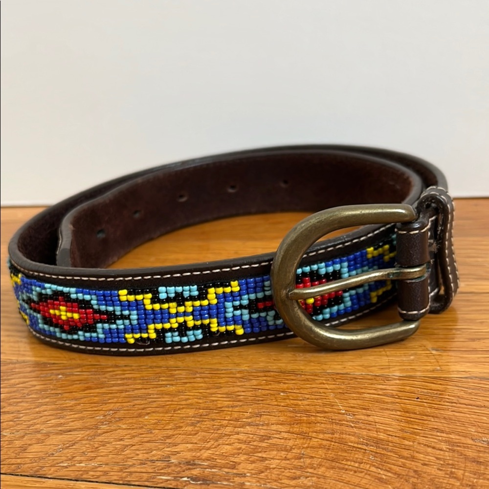 Vintage Seed Bead JCrew Beaded Western Style Leather Belt Size 28 / XS